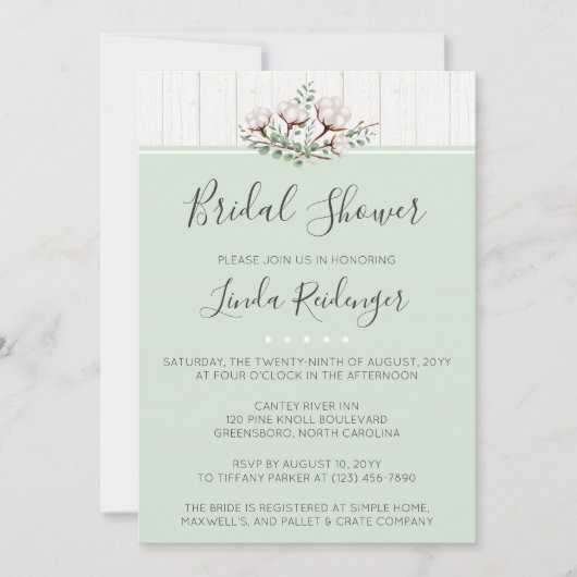 Rustikale Südliche Baumwolle Brautdusche Einladung (Vorderseite)