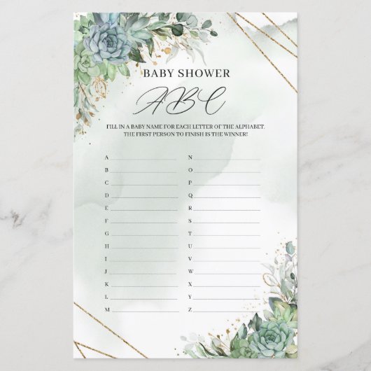 Rustikale Sukkulente Grüngold Baby Dusche ABC (Vorderseite)