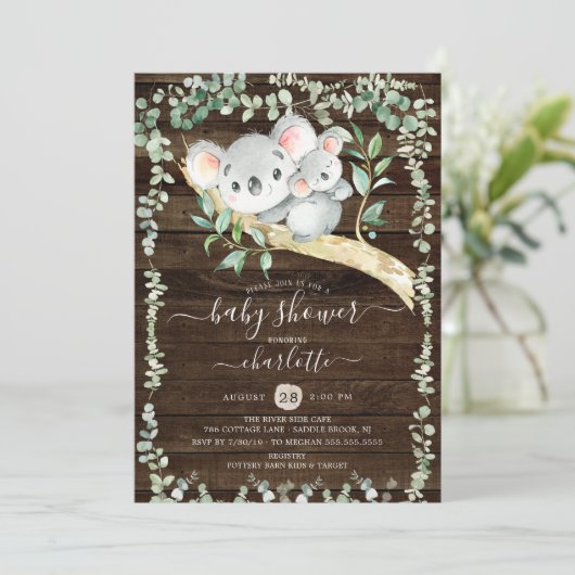 Rustikale Sweet Koala Bärendusche Einladung (Stehend Vorderseite)
