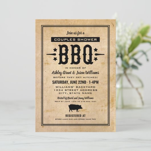 Rustikale Tan GRILLEN Wedding Couples Dusche Einladung (Stehend Vorderseite)