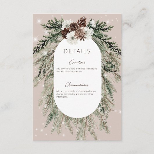 Rustikale Tan Pine Winter Sparkle Details Hochzeit Begleitkarte (Vorderseite)