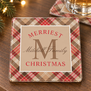 Rustikale Tan-Rot-Tartan-Karo-Weihnachtsmonogramm Glasuntersetzer