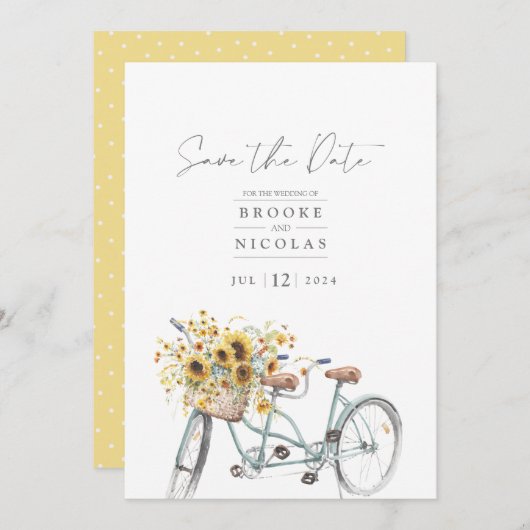 Rustikale Tandem-Bicycle Sonnenblume Wasserfarbenh Save The Date (Vorne/Hinten)