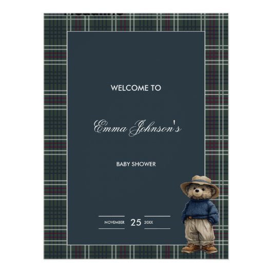 Rustikale Tartan Bear Baby Dusche Poster (Vorderseite)