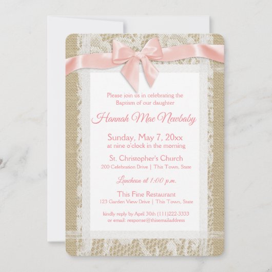 Rustikale Taufe Einladung Burlap and Lace (Vorderseite)