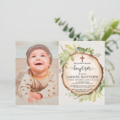 Rustikale Taufe Foto Wald fallen Blätter Einladung (Stehend Vorderseite)