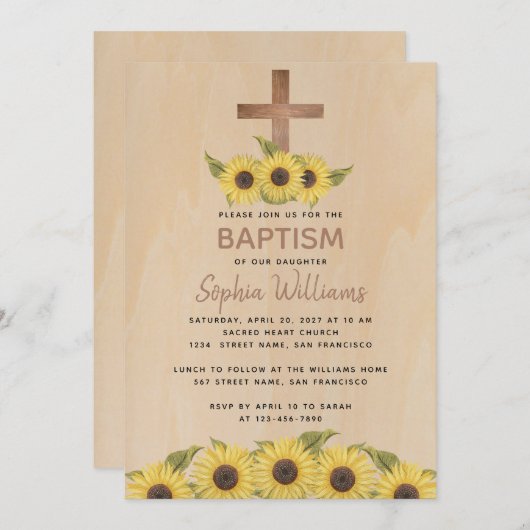 Rustikale Taufe Holz Kreuzung Sonnenblumen Einladung (Vorne/Hinten)