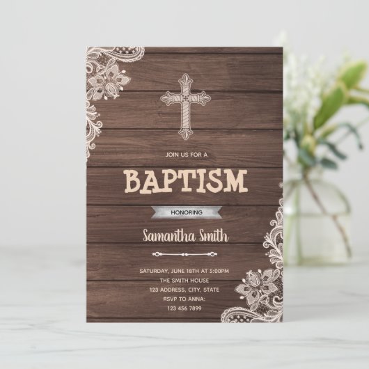 Rustikale Taufe Party Einladung (Stehend Vorderseite)