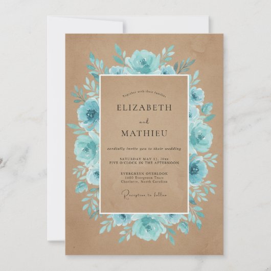 Rustikale Teal-Blüten-Hochzeit Einladung (Vorderseite)