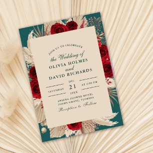 Rustikale Teal-Burgunder-Rosen Hochzeitseinladung Einladung