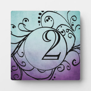 Rustikale Teal- und violette bohemian Tischnummer Fotoplatte