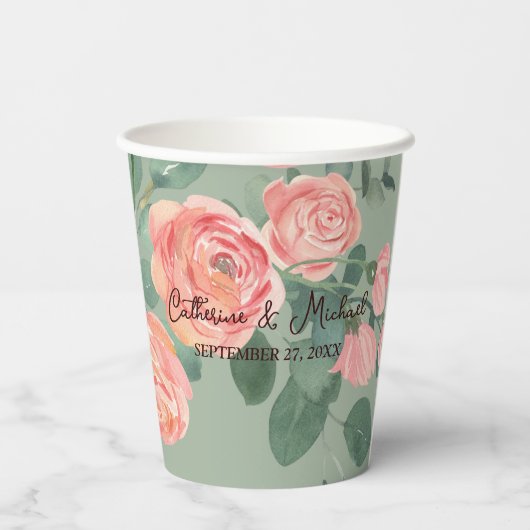 Rustikale Teller mit rosa Rosen Pappbecher (Rückseite)