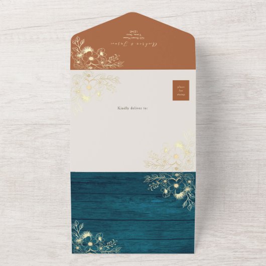 Rustikale Terracotta Aquamarine Hochzeit im Herbst All In One Einladung (Außenbereich)