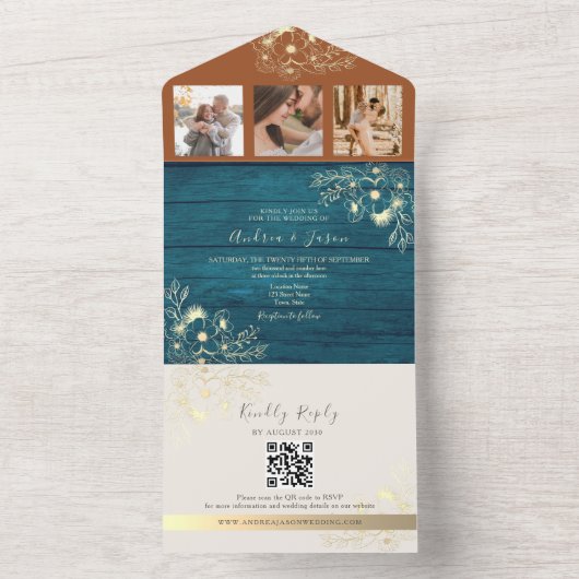 Rustikale Terracotta Aquamarine Hochzeit im Herbst All In One Einladung (Innen Boden)