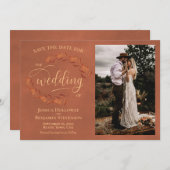 Rustikale Terracotta Blätter & Foto Hochzeitsfeier Save The Date (Vorne/Hinten)