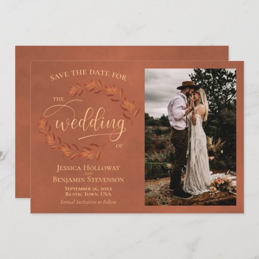 Rustikale Terracotta Blätter & Foto Hochzeitsfeier Save The Date (Vorne/Hinten)