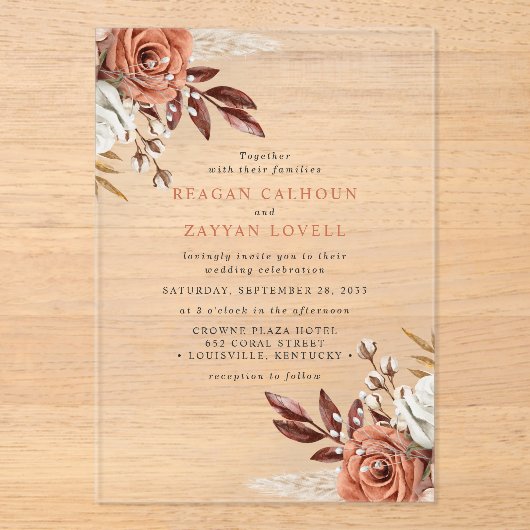 Rustikale Terracotta-Blume und Pampas-Gras-Hochzei Acryleinladungen (Vorderseite)