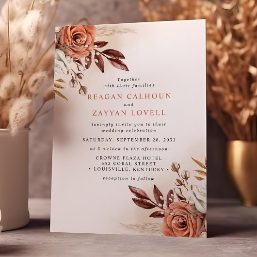 Rustikale Terracotta-Blume und Pampas-Gras-Hochzei Einladung