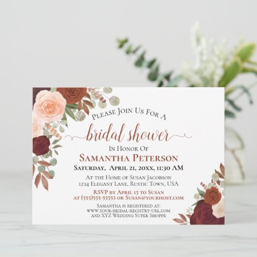 Rustikale Terracotta Blumendusche Einladung (Stehend Vorderseite)