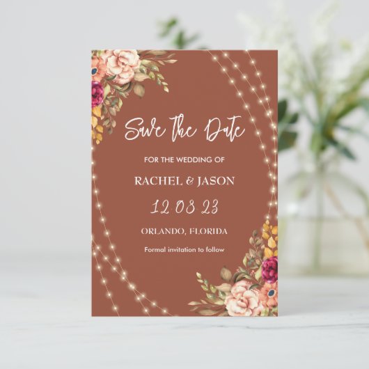 Rustikale Terracotta Blumenstrauß Save The Date (Stehend Vorderseite)