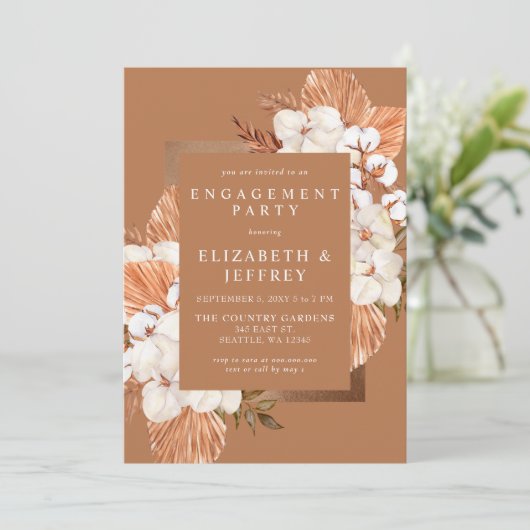 Rustikale Terracotta Boho Pampas Engagement Party Einladung (Stehend Vorderseite)