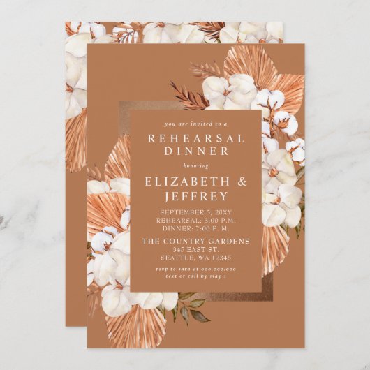 Rustikale Terracotta Boho Pampas Probe Abendessen Einladung (Vorne/Hinten)