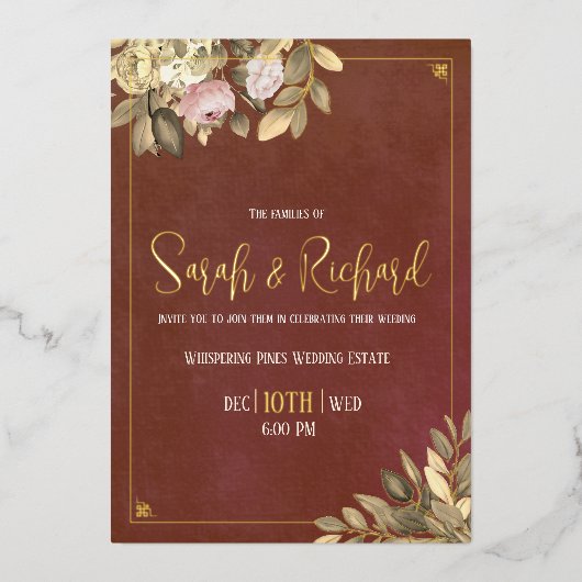 Rustikale Terracotta Botanical Boho Luxe Wedding Folieneinladung (Vorderseite)