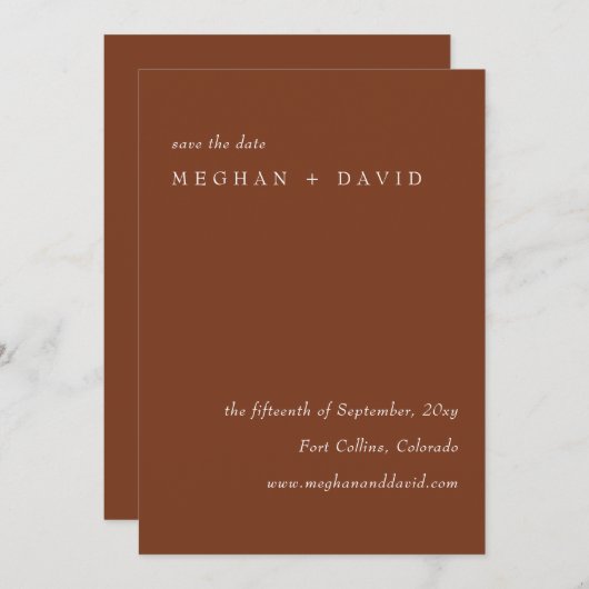 Rustikale Terracotta Burnt Orange Modern Gerettet Save The Date (Vorne/Hinten)