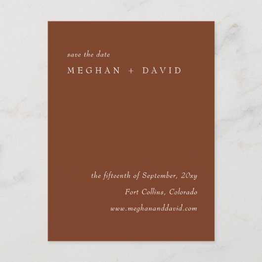 Rustikale Terracotta Burnt Orange Save the Date Ankündigungspostkarte (Vorderseite)
