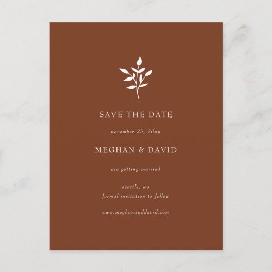 Rustikale Terracotta Einfach botanisch Save the Da Ankündigungspostkarte (Vorderseite)