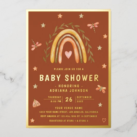 Rustikale Terracotta Erthy Rainbow Baby Dusche Gol Folieneinladung (Vorderseite)
