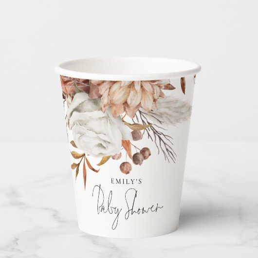 Rustikale Terracotta Floral Name Boho Babydusche Pappbecher (Vorderseite)