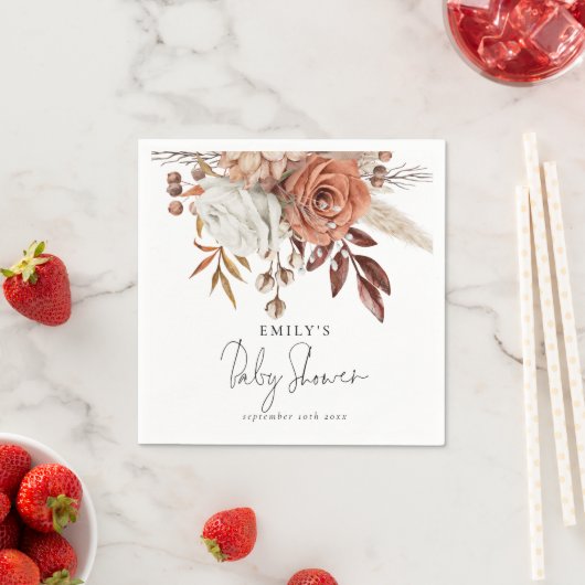 Rustikale Terracotta Floral Name Boho Babydusche Serviette (Beispiel)