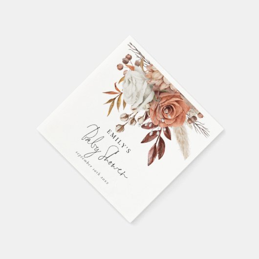 Rustikale Terracotta Floral Name Boho Babydusche Serviette (Ecke)