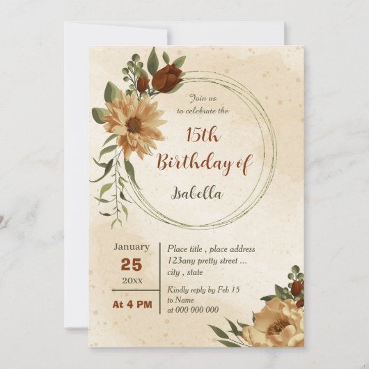 rustikale Terracotta floraler botanischer Geburtst Einladung (Vorderseite)