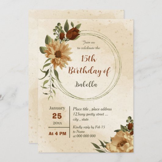 rustikale Terracotta floraler botanischer Geburtst Einladung (Vorne/Hinten)