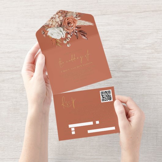 Rustikale Terracotta Florals Hochzeit im Herbst All-in-One-Einladung (Abreißstreifen)