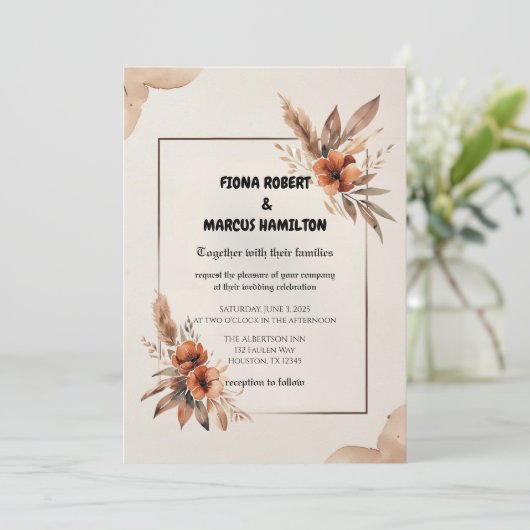 Rustikale Terracotta Florals & Pampas Grass Weddin Einladung (Stehend Vorderseite)