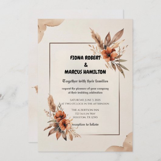 Rustikale Terracotta Florals & Pampas Grass Weddin Einladung (Vorne/Hinten)