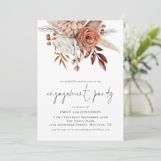 Rustikale Terracotta Florals Script Engagement Par Einladung (Stehend Vorderseite)