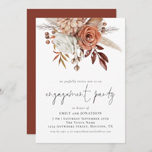 Rustikale Terracotta Florals Script Engagement Par Einladung (Vorne/Hinten)
