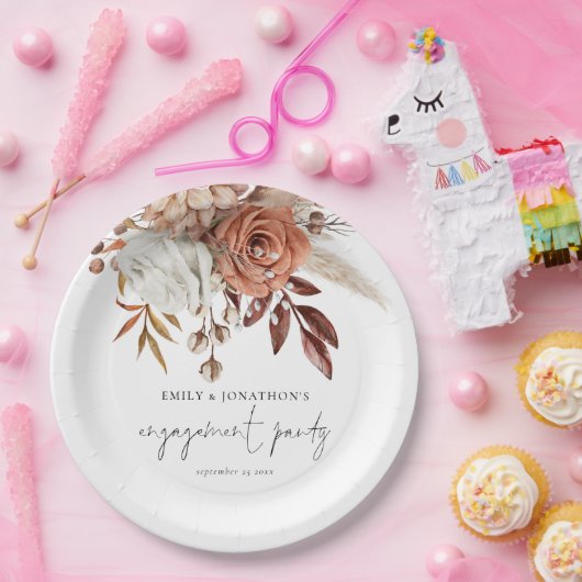 Rustikale Terracotta Florals Script Engagement Par Pappteller (Party)