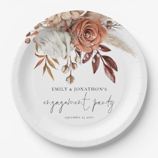 Rustikale Terracotta Florals Script Engagement Par Pappteller (Vorderseite)