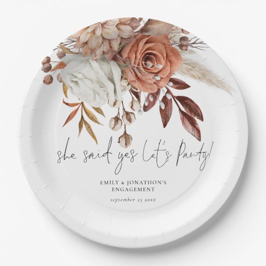 Rustikale Terracotta Florals Sie sagte ja Verlobun Pappteller (Vorderseite)