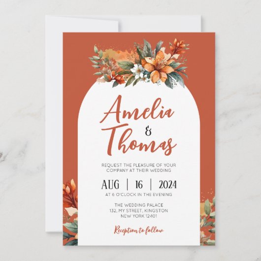 Rustikale Terracotta Grüne Hochzeit im Herbst Einladung (Vorderseite)