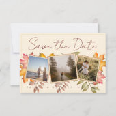 Rustikale Terracotta-Herbstlaub Drei Foto Hochzeit Save The Date (Vorderseite)