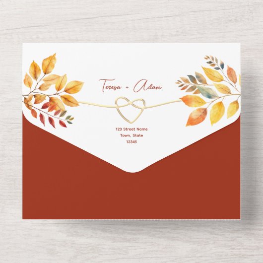 Rustikale Terracotta-Hochzeit im Herbst All In One Einladung (Rückseite)