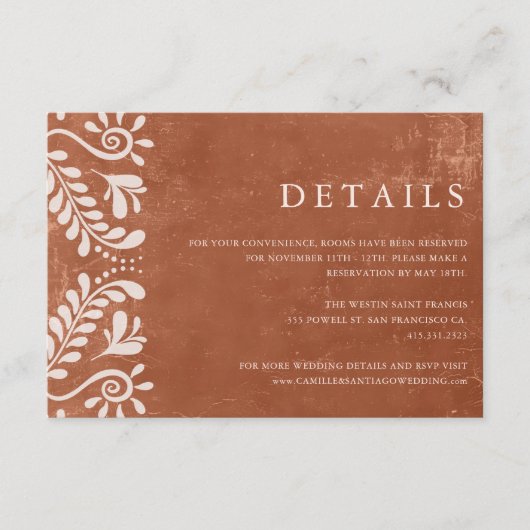 Rustikale Terracotta Mexiko Hochzeitsdetails Begleitkarte (Vorderseite)