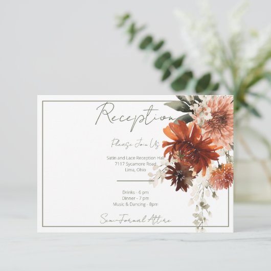 Rustikale Terracotta Rost Blume Empfang Begleitkarte (Stehend Vorderseite)