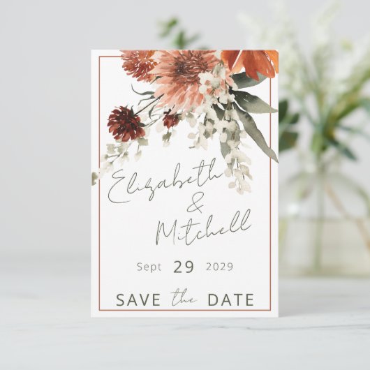 Rustikale Terracotta Rost Blume Hochzeit Save The Date (Stehend Vorderseite)